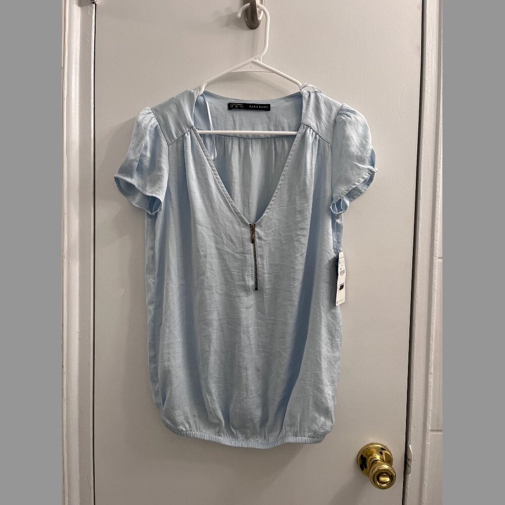 NWT Zara Light Blue Zip front Blouse